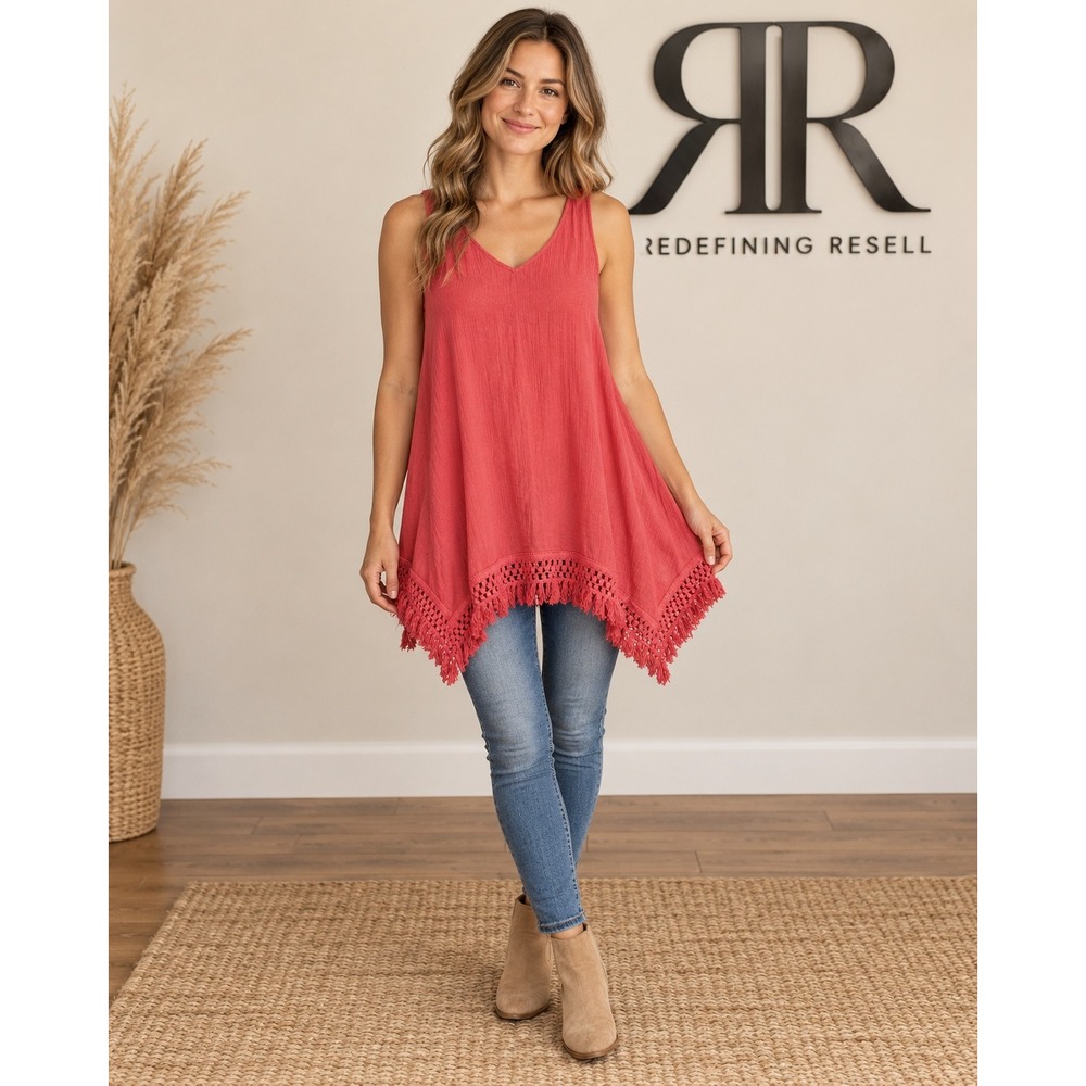 Umgee Womens Coral Red Sleeveless Fringe Crochet Sharkbite Tunic Top A2116 M